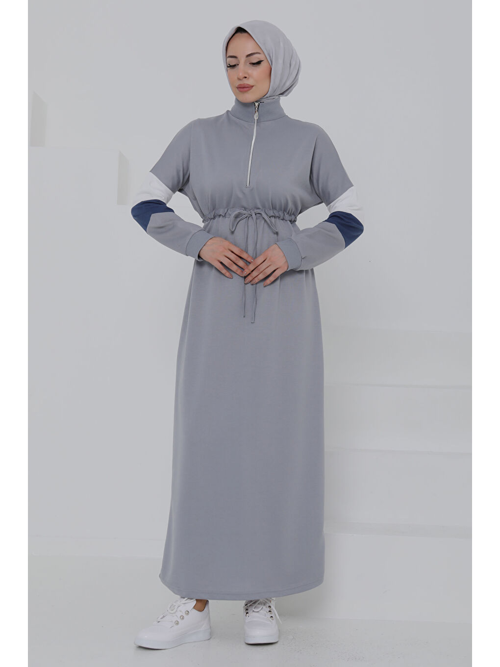 Garnili Fermuarlı Elbise Gri - 27047-4