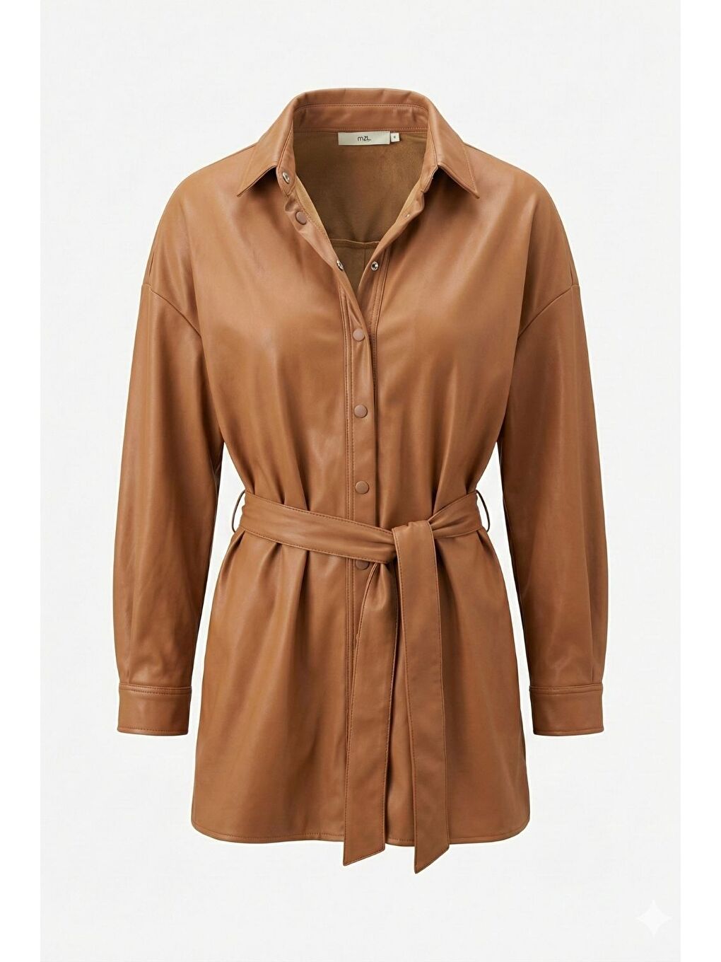 Kahverengi Deri görünümlü Kuşaklı Camel Gömlek Tunik-3