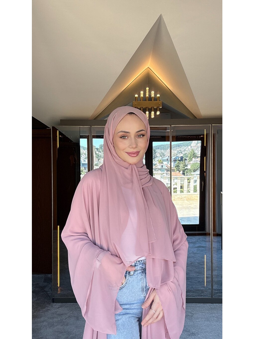 Pembe Kadın Şifon Abaya Ferace & Şal-2