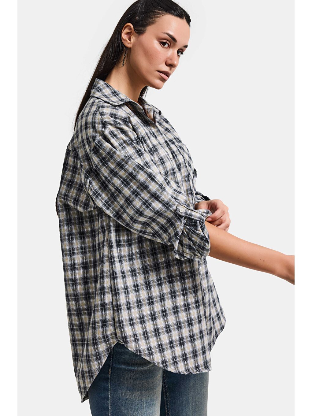 Kadın Siyah Beyaz s6 Ekose-27 Oversize Pamuk Gömlek-5