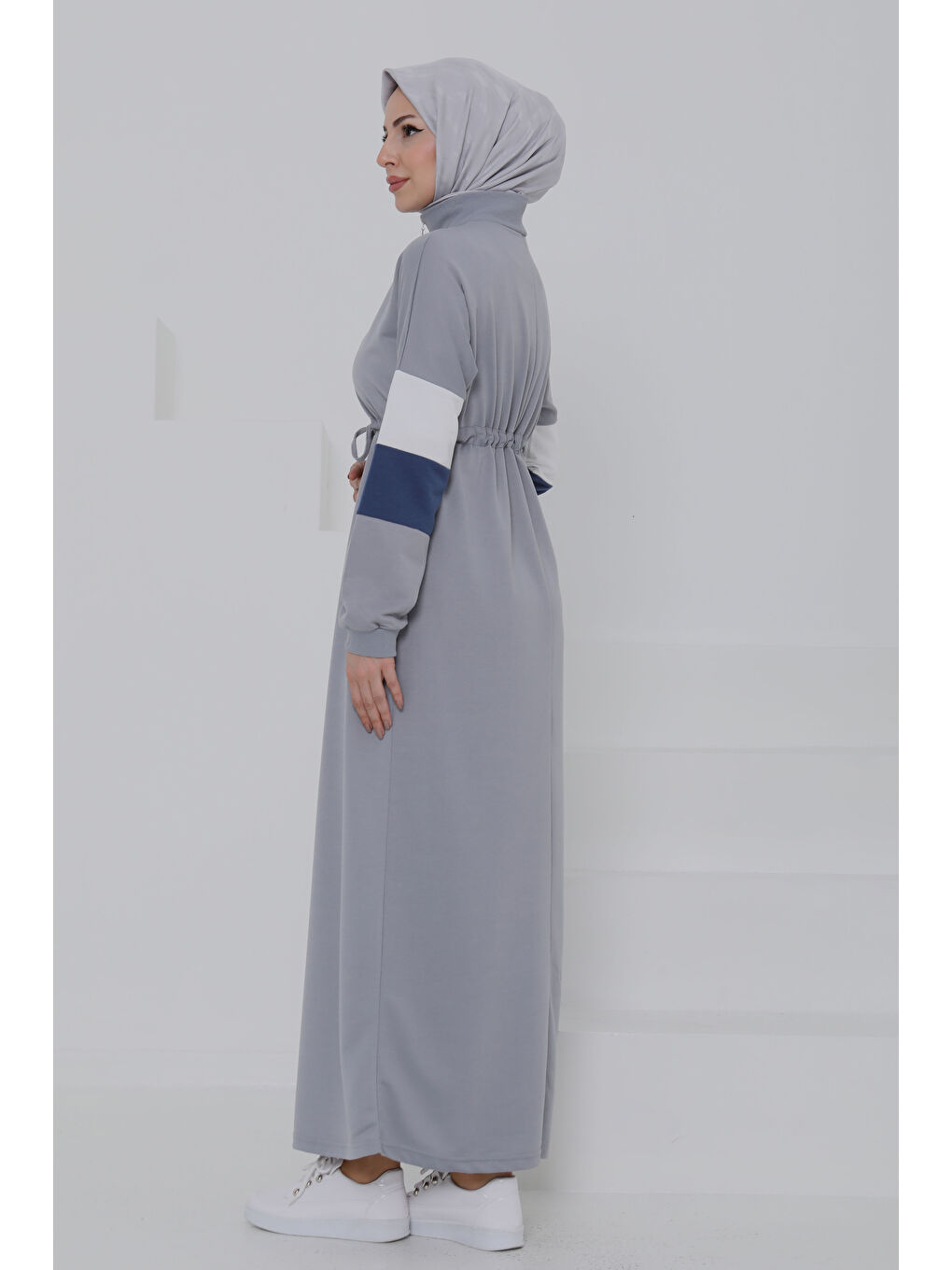 Garnili Fermuarlı Elbise Gri - 27047-5