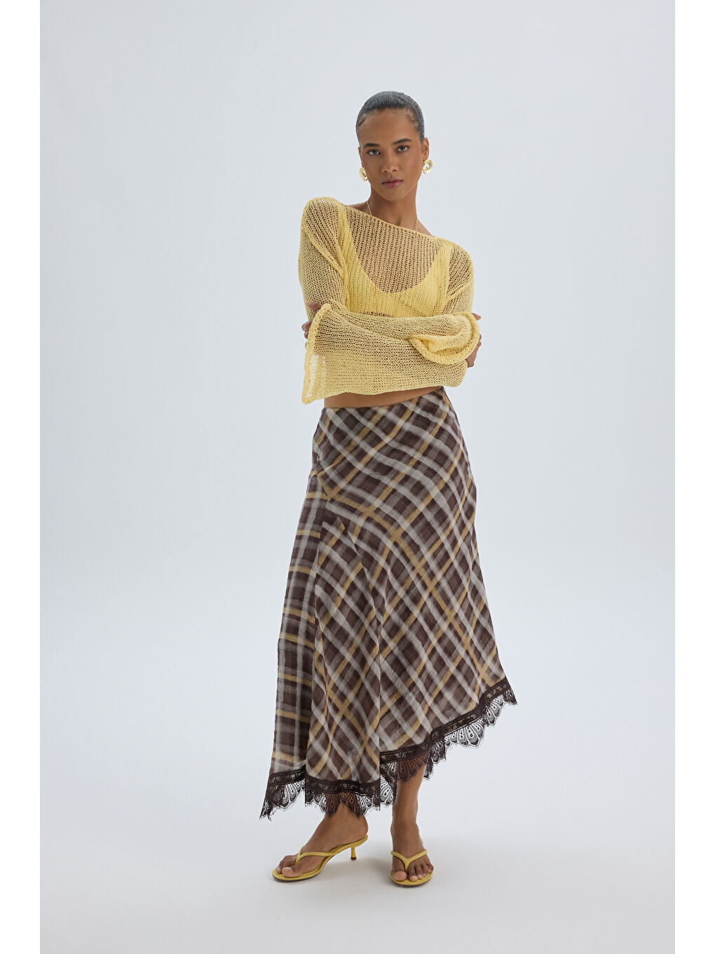 Maffy Dantel Detay Ekoseli Sarı Midi Etek-5