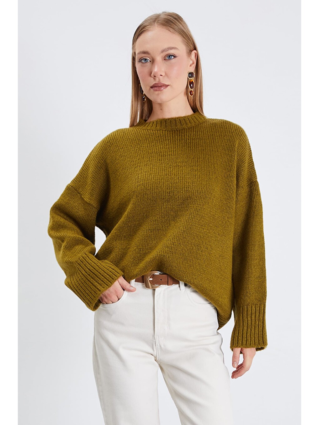 Yeşil Basic Bisiklet Yaka Oversize Triko Kazak