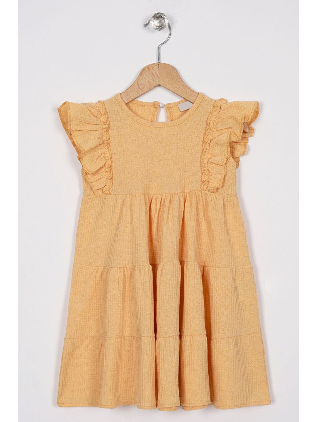 Sarı Kolları Fırfırlı Kız Çocuk Waffle Elbise