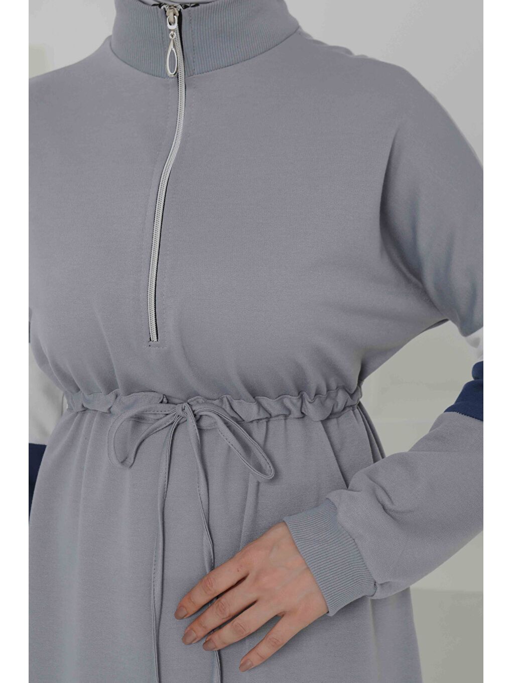 Garnili Fermuarlı Elbise Gri - 27047-6