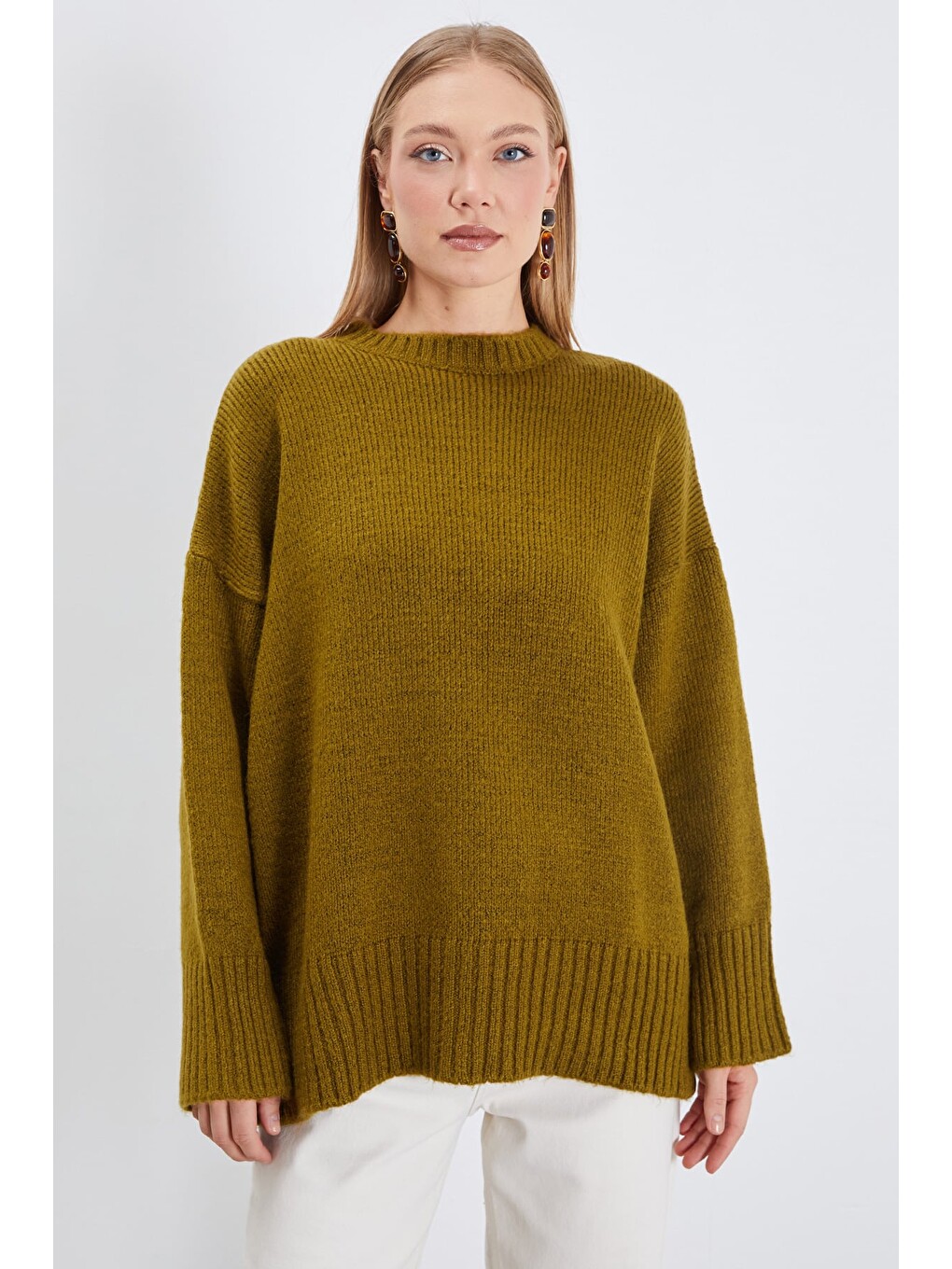 Yeşil Basic Bisiklet Yaka Oversize Triko Kazak-1