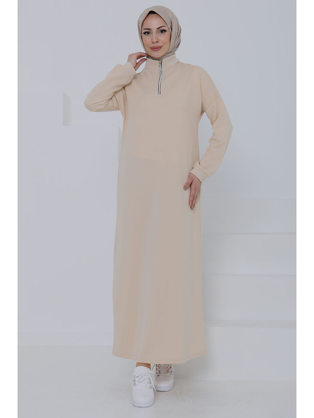 Bej Fermuarlı Elbise Taş - 27046