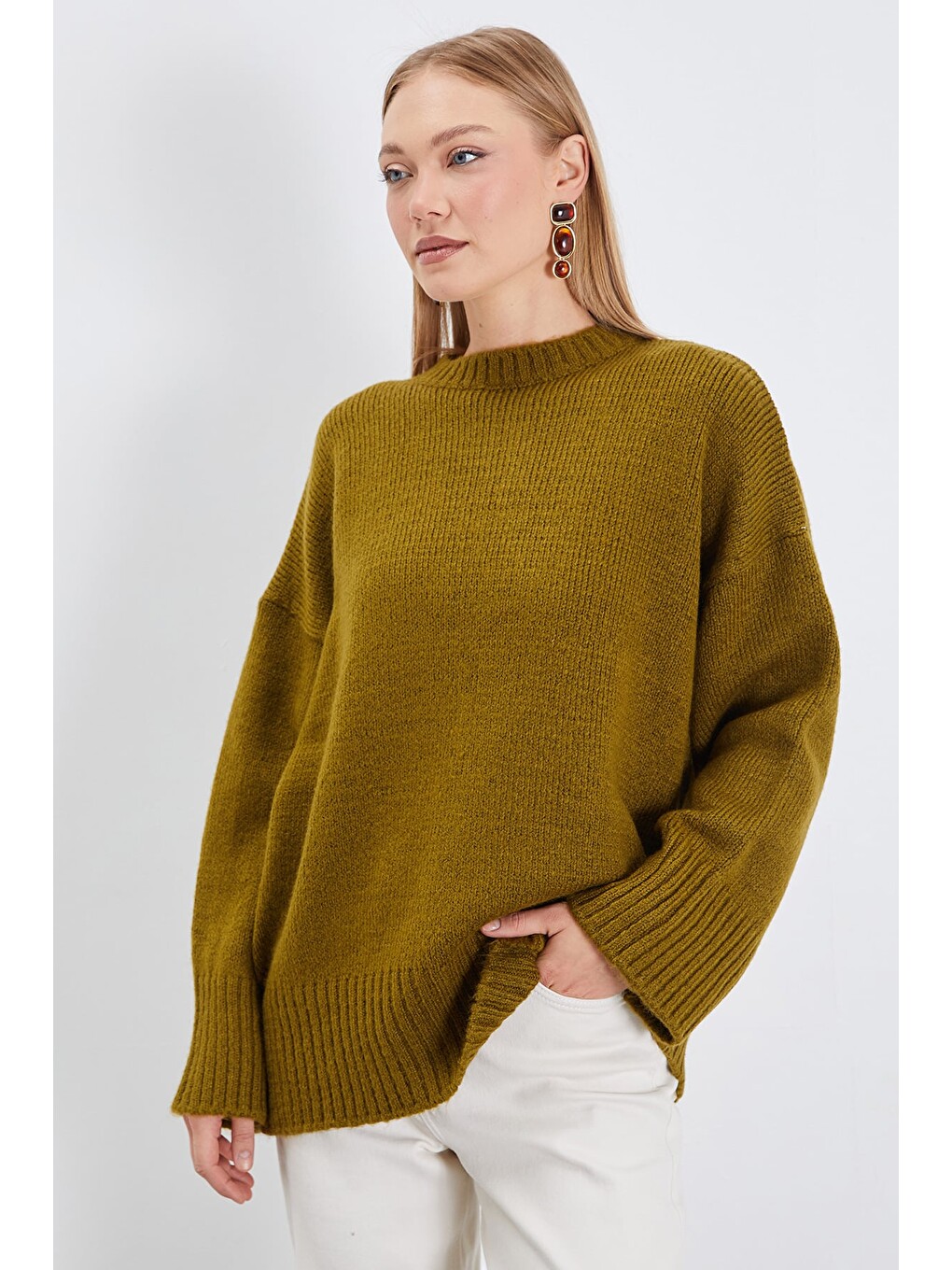 Yeşil Basic Bisiklet Yaka Oversize Triko Kazak-2