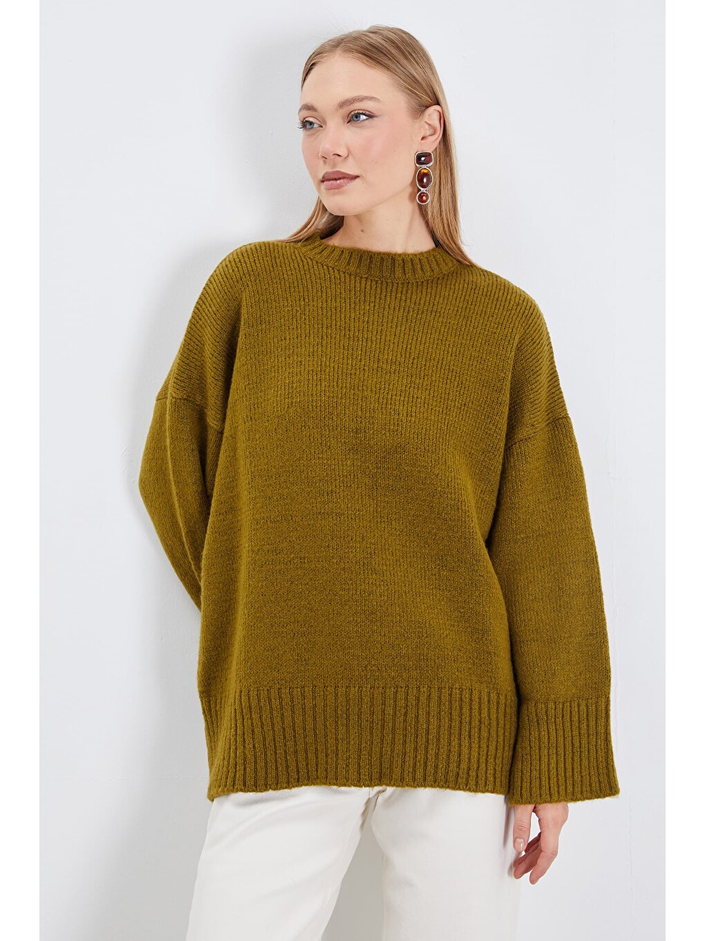 Yeşil Basic Bisiklet Yaka Oversize Triko Kazak-3