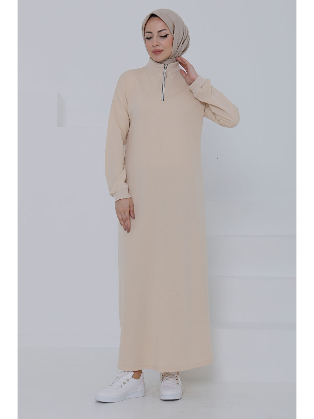 Bej Fermuarlı Elbise Taş - 27046-1