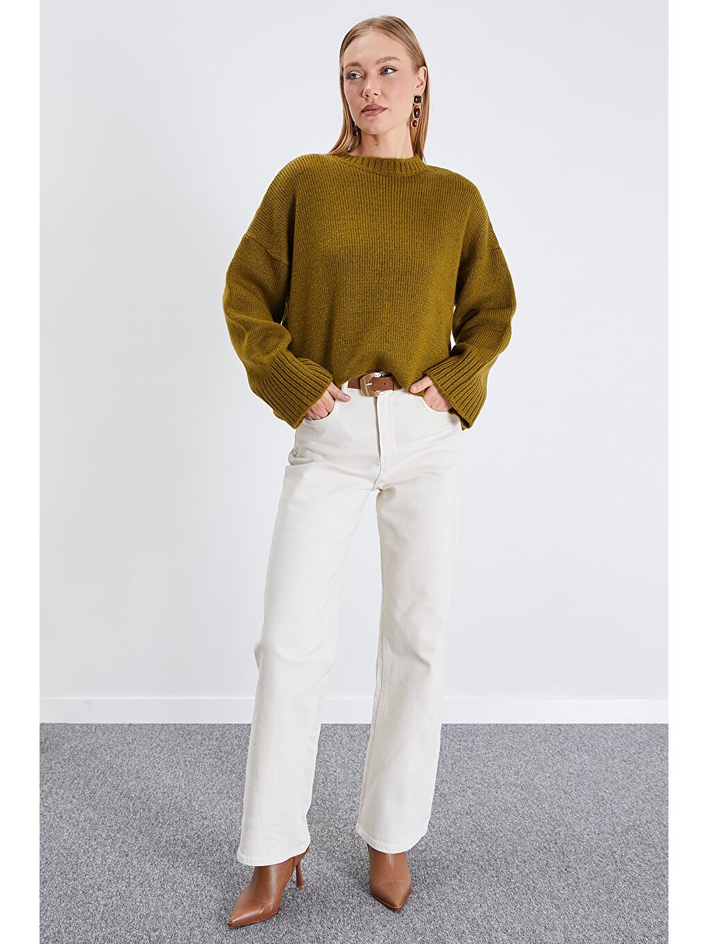 Yeşil Basic Bisiklet Yaka Oversize Triko Kazak-4