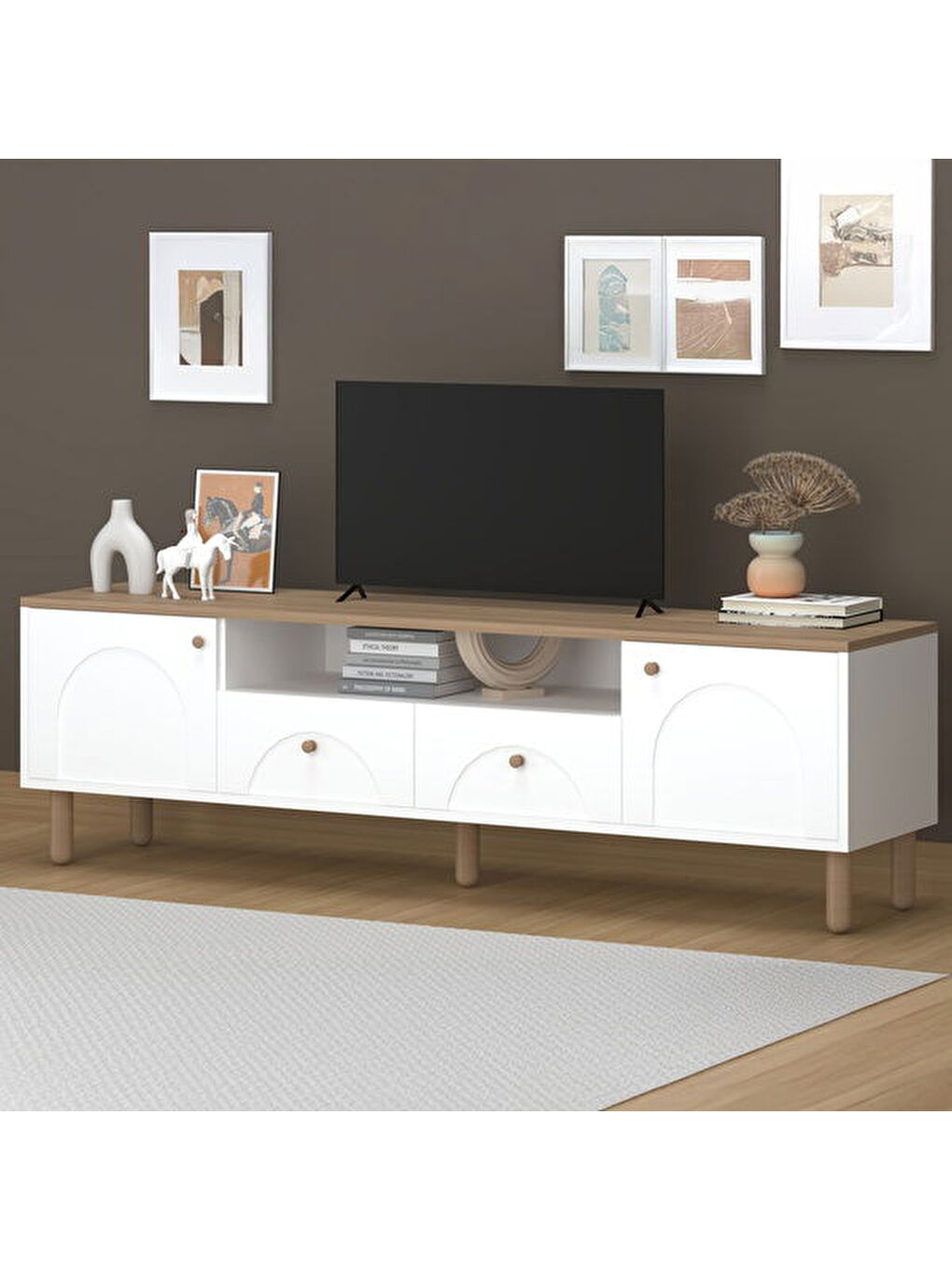 2 Kapak 2 Çekmeceli Bohem Tv Ünitesi - Beyaz / Sepet - 55x44x180 cm