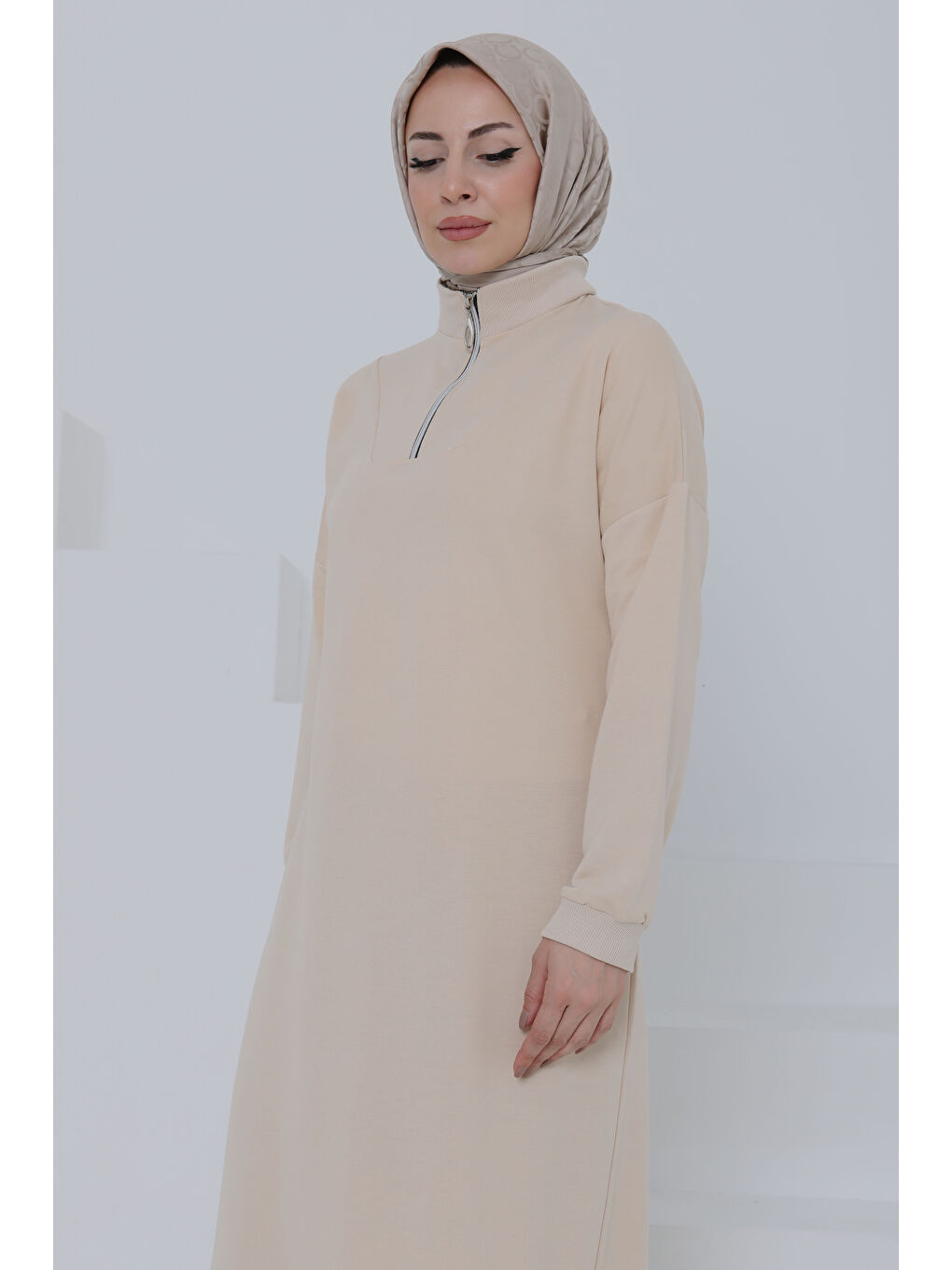 Bej Fermuarlı Elbise Taş - 27046-2