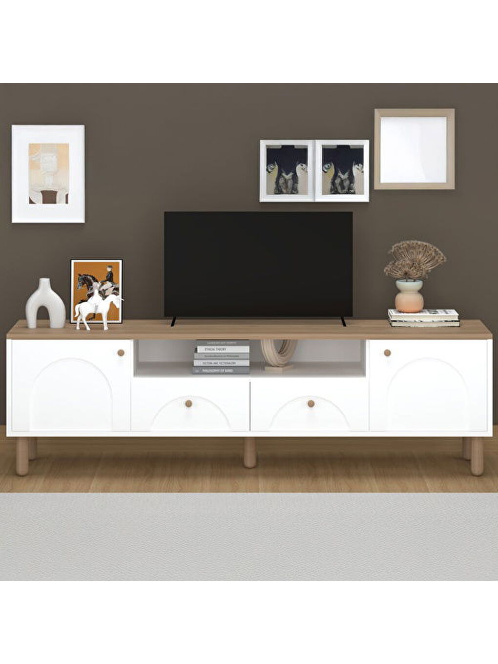 2 Kapak 2 Çekmeceli Bohem Tv Ünitesi - Beyaz / Sepet - 55x44x180 cm-1