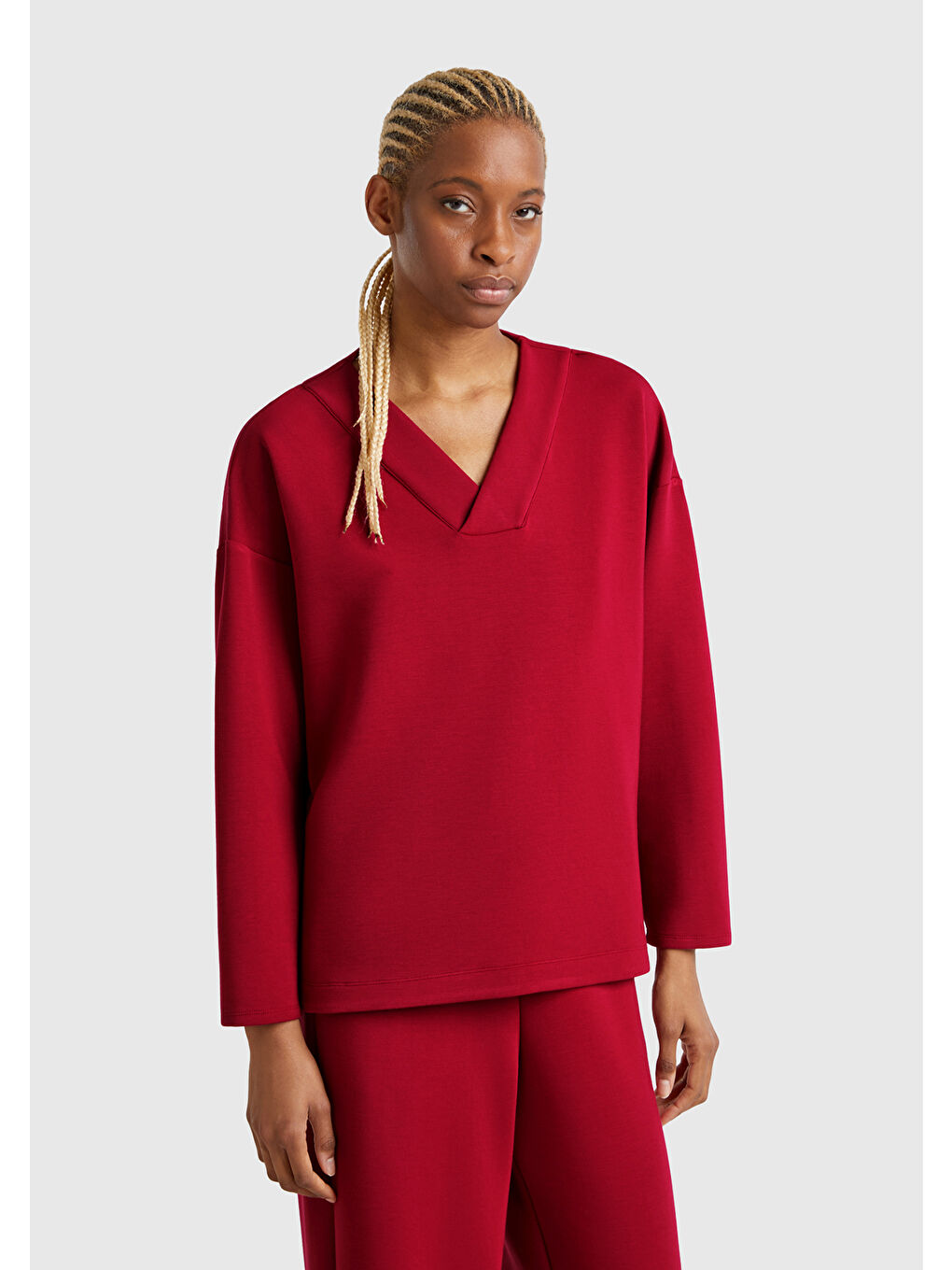 Kadın Bordo Modal Karışımlı V Yaka Uzun Kollu Sweatshirt