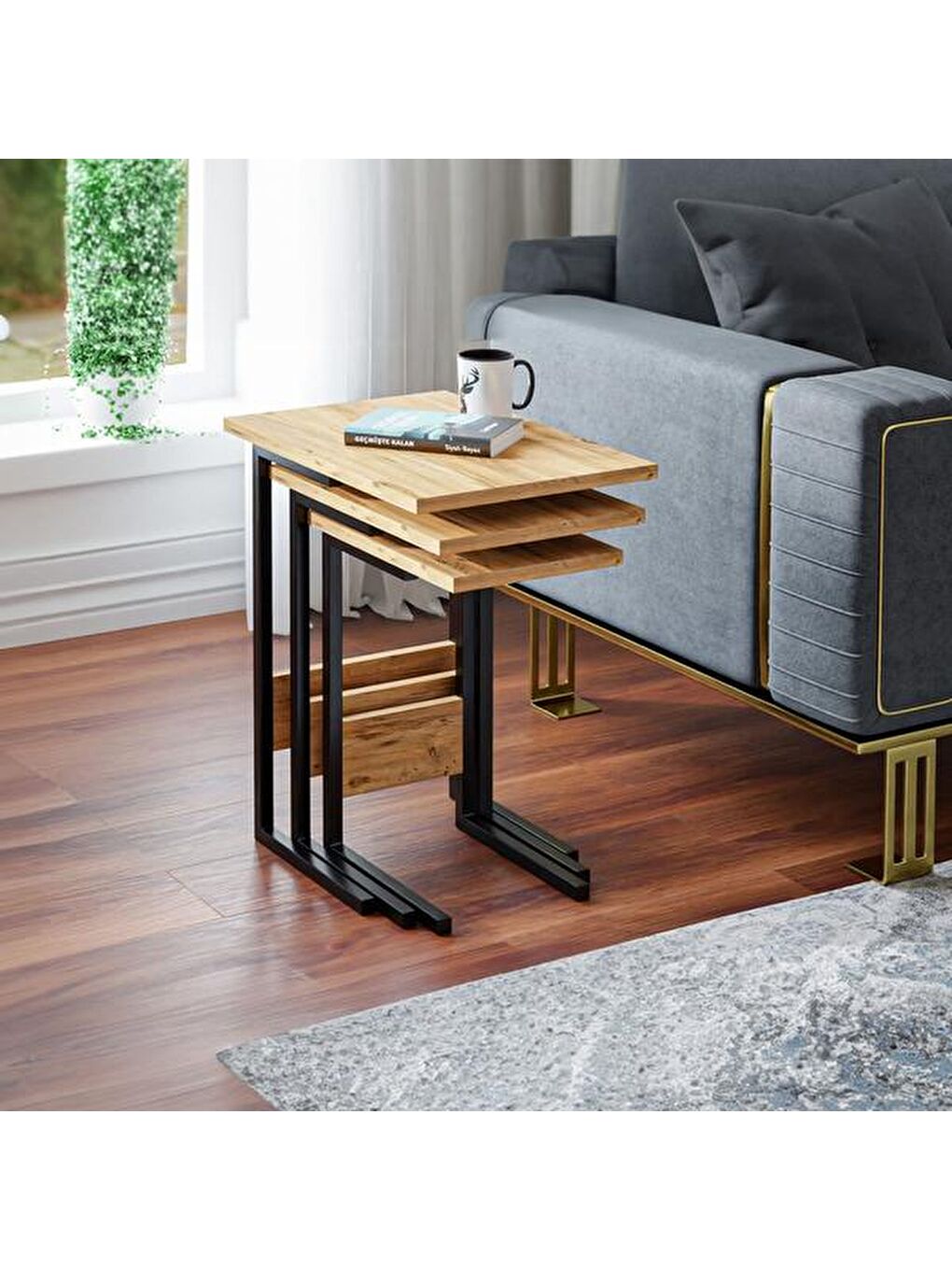 Kahverengi 3'lü Zigon Sehpa - Atlantik Çam