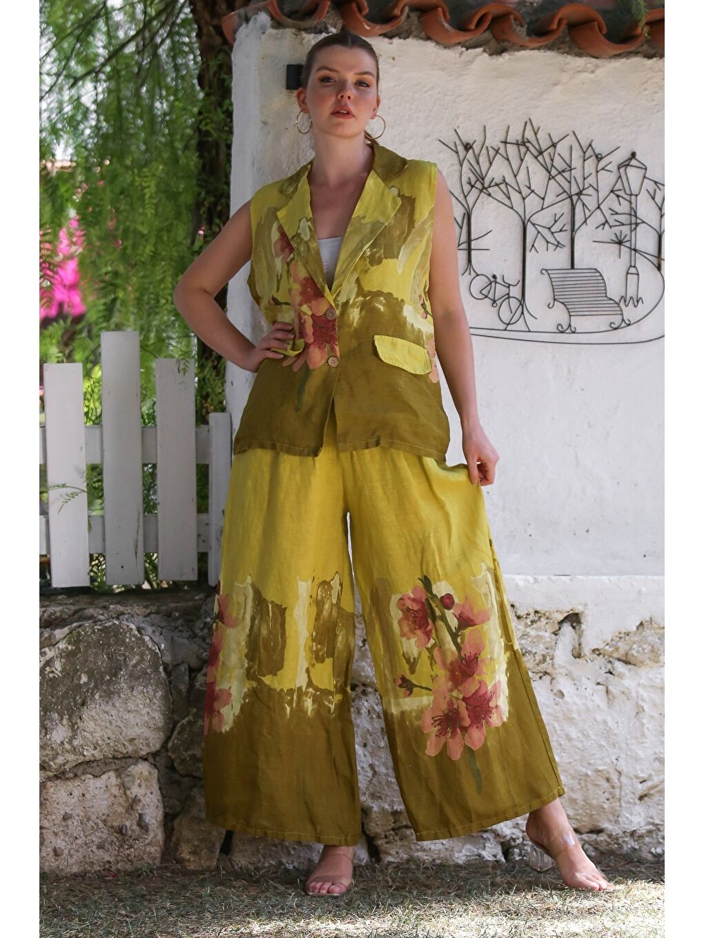 Kahverengi İtalyan Hardal Ceket Yaka Kolsuz Desenli Düğmeli Cepli Keten Dokuma Alt Üst Takım 58-120 56-85