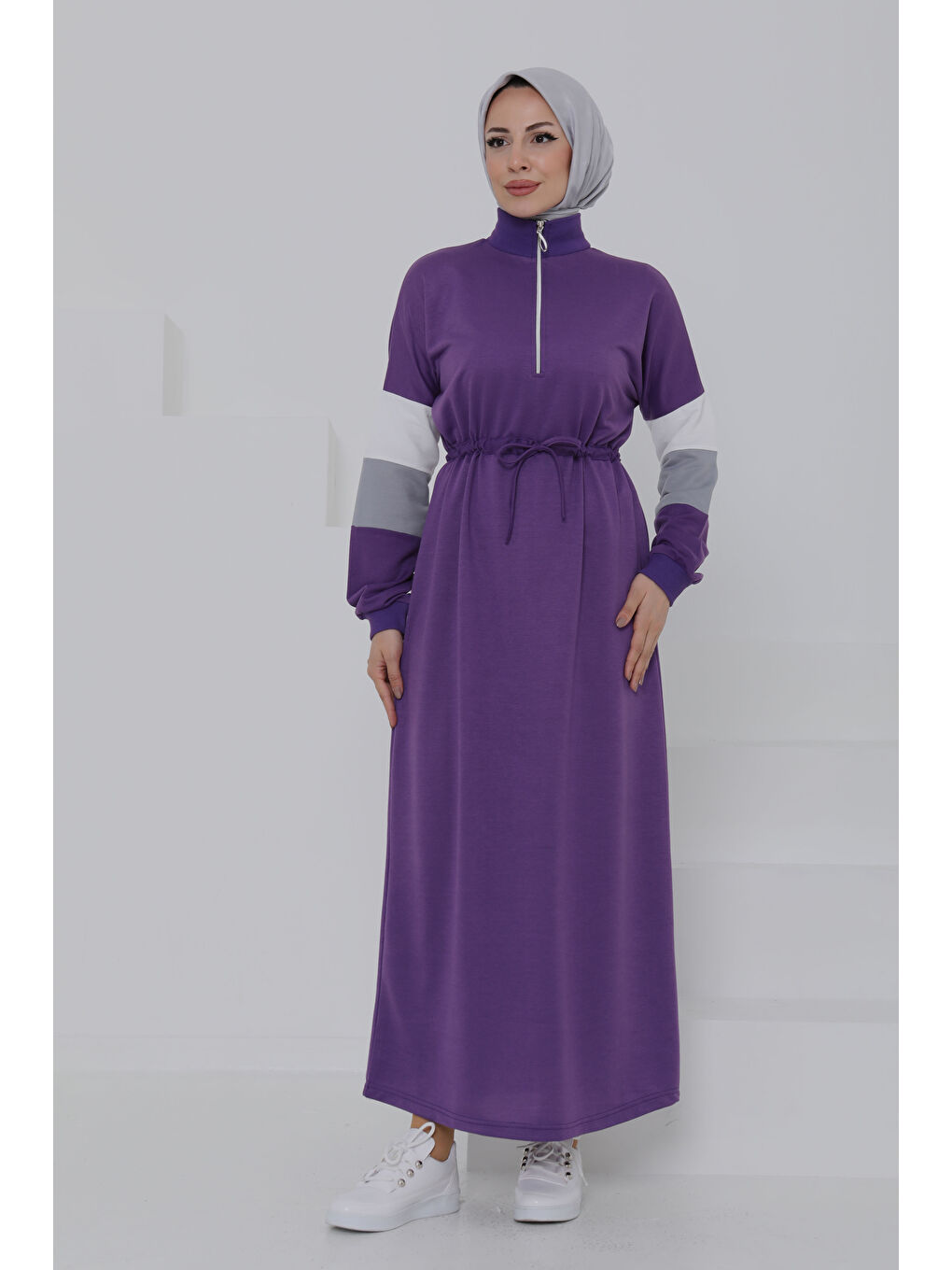 Garnili Fermuarlı Elbise Mor - 27047