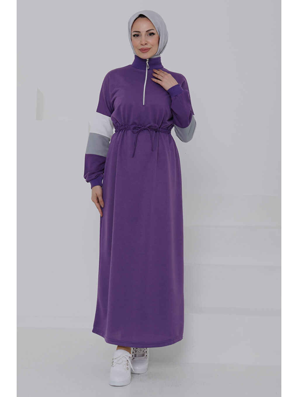 Garnili Fermuarlı Elbise Mor - 27047-1