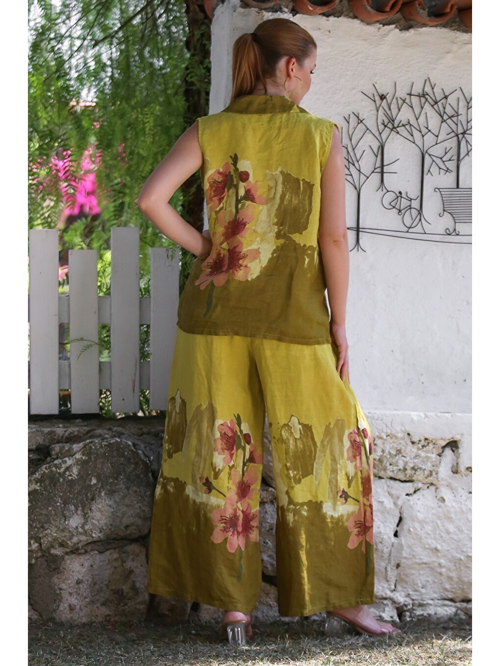 Kahverengi İtalyan Hardal Ceket Yaka Kolsuz Desenli Düğmeli Cepli Keten Dokuma Alt Üst Takım 58-120 56-85-1