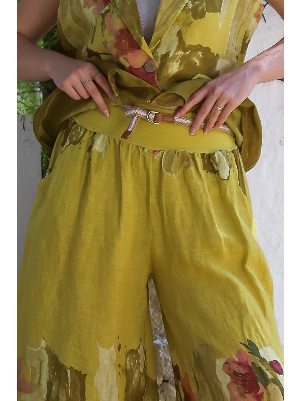 Kahverengi İtalyan Hardal Ceket Yaka Kolsuz Desenli Düğmeli Cepli Keten Dokuma Alt Üst Takım 58-120 56-85-2