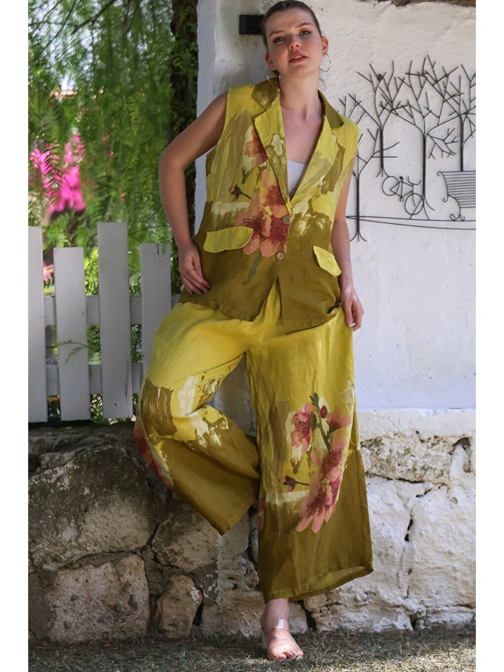 Kahverengi İtalyan Hardal Ceket Yaka Kolsuz Desenli Düğmeli Cepli Keten Dokuma Alt Üst Takım 58-120 56-85-3