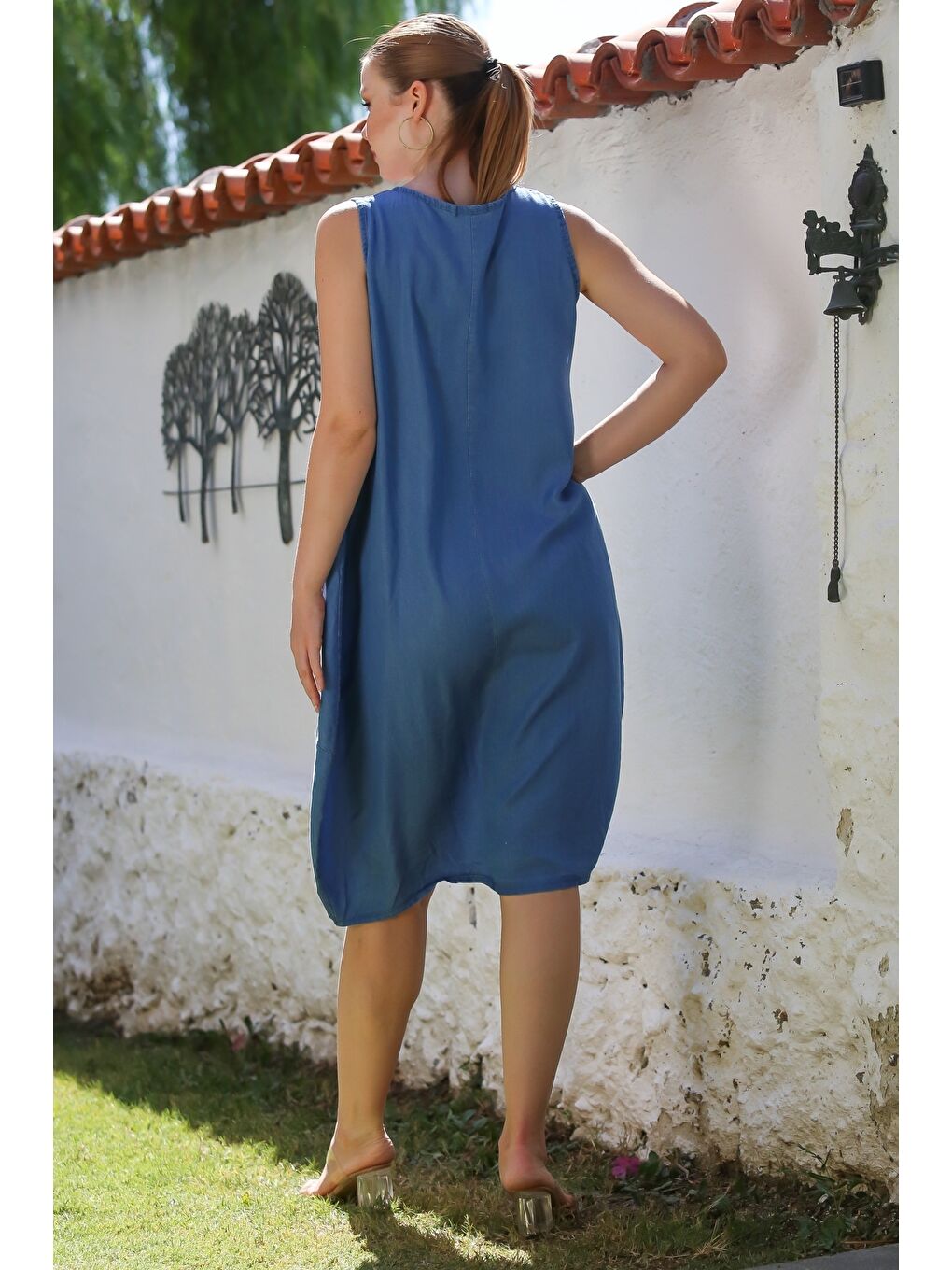 Jean Mavisi Yuvarlak Yaka Kolsuz Düğmeli Casual Lyocell Dokuma Elbise 120 60-1