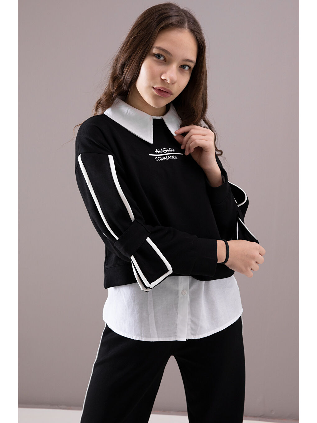 Siyah Kol Detaylı Badili Gömlekli Kız Çocuk Pantolonlu 3lü Takım 19877-1