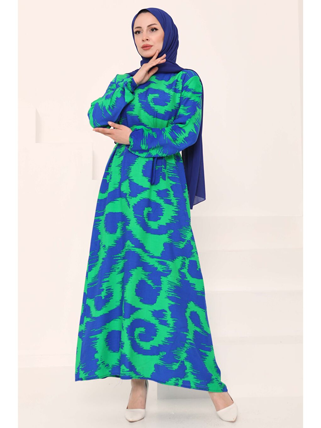 Yeşil Desenli Kuşaklı Elbise Yesil - 27039