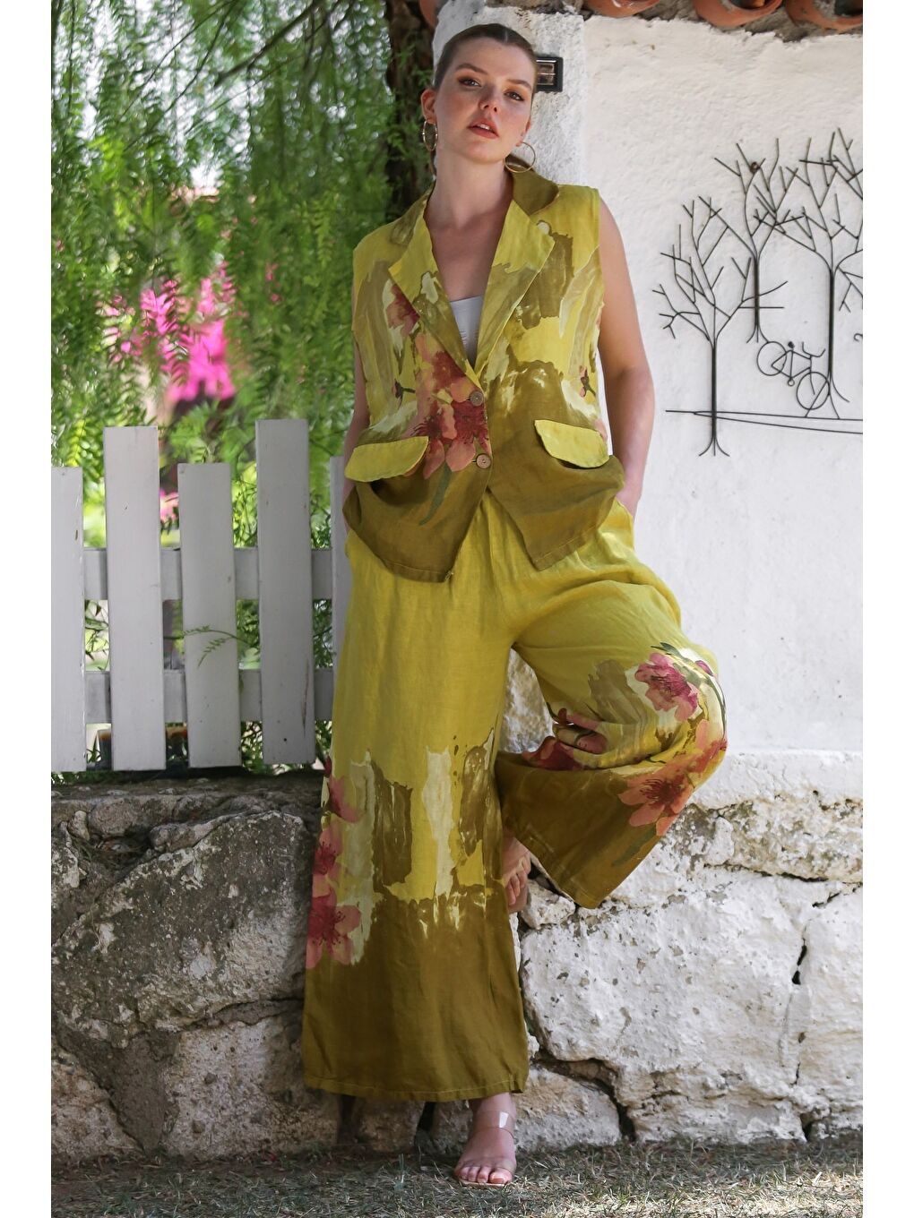 Kahverengi İtalyan Hardal Ceket Yaka Kolsuz Desenli Düğmeli Cepli Keten Dokuma Alt Üst Takım 58-120 56-85-5