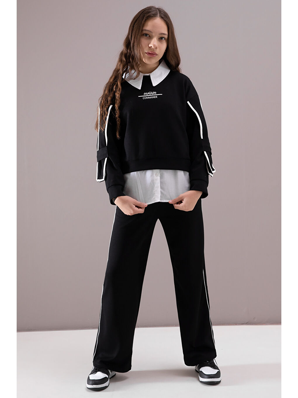 Siyah Kol Detaylı Badili Gömlekli Kız Çocuk Pantolonlu 3lü Takım 19877-2