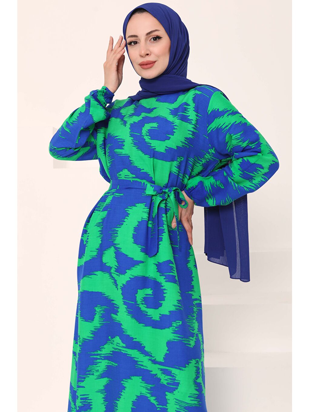 Yeşil Desenli Kuşaklı Elbise Yesil - 27039-1