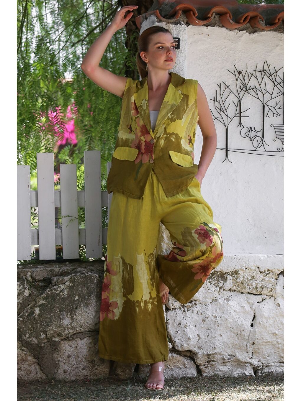 Kahverengi İtalyan Hardal Ceket Yaka Kolsuz Desenli Düğmeli Cepli Keten Dokuma Alt Üst Takım 58-120 56-85-6