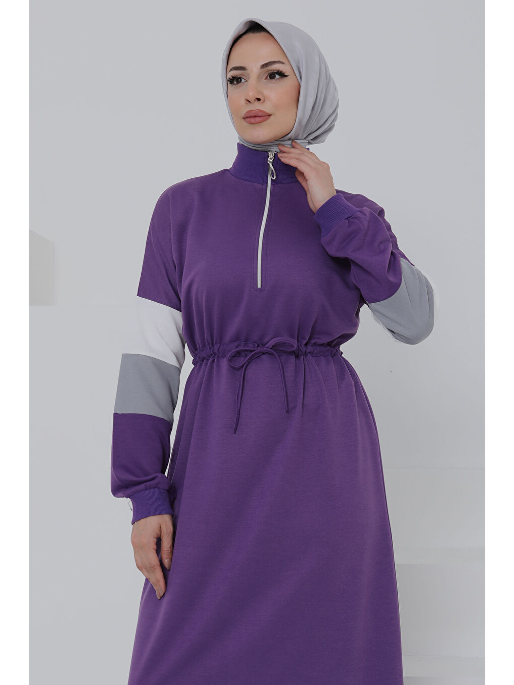 Garnili Fermuarlı Elbise Mor - 27047-2