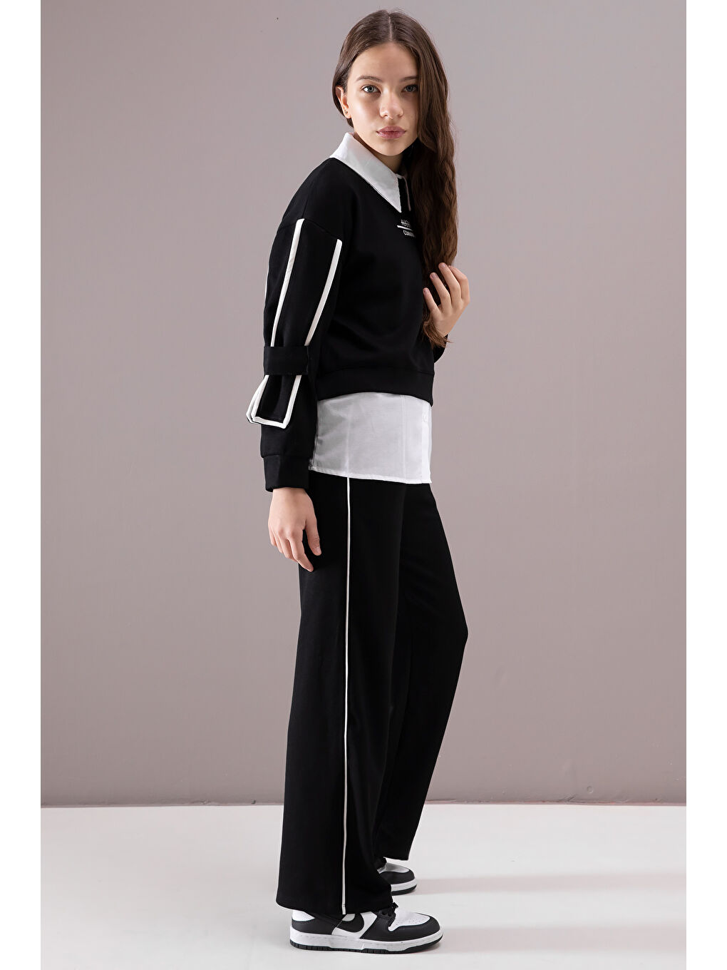 Siyah Kol Detaylı Badili Gömlekli Kız Çocuk Pantolonlu 3lü Takım 19877-3