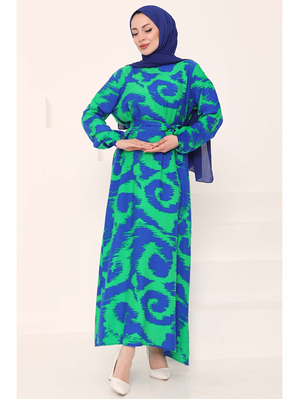 Yeşil Desenli Kuşaklı Elbise Yesil - 27039-2