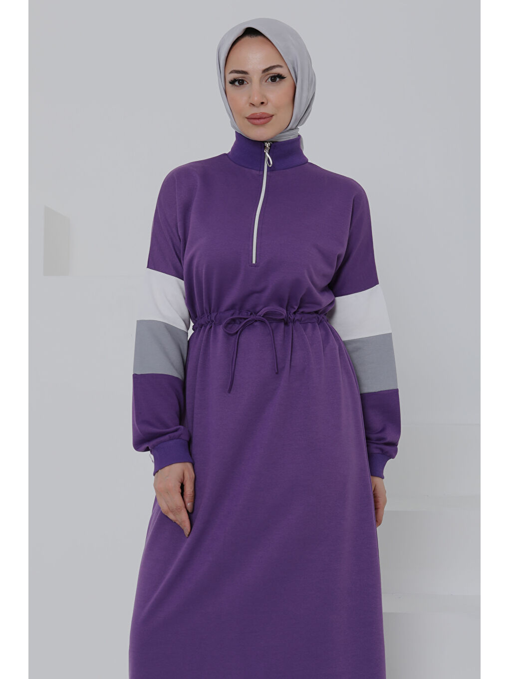 Garnili Fermuarlı Elbise Mor - 27047-3