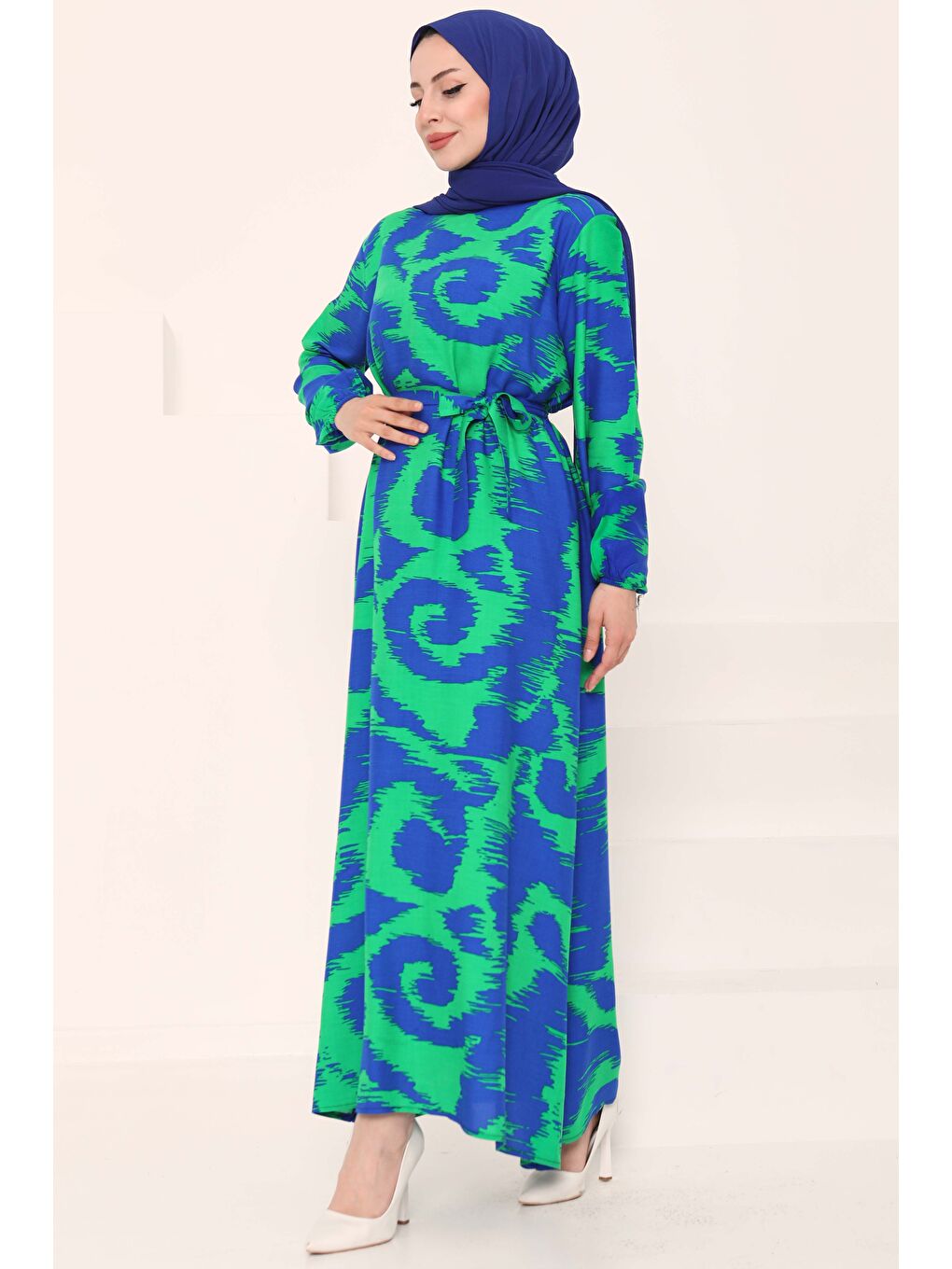 Yeşil Desenli Kuşaklı Elbise Yesil - 27039-3