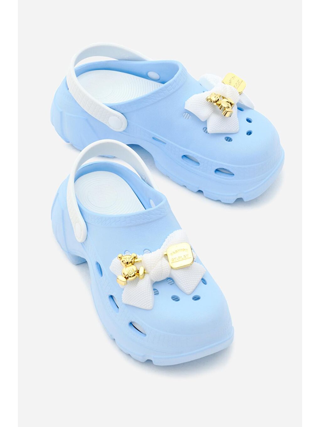 Kadın Mavi Beyaz Çıkartılabilir Taban Fiyonk Tokalı Yüksek Taban Eva Sandalet-2