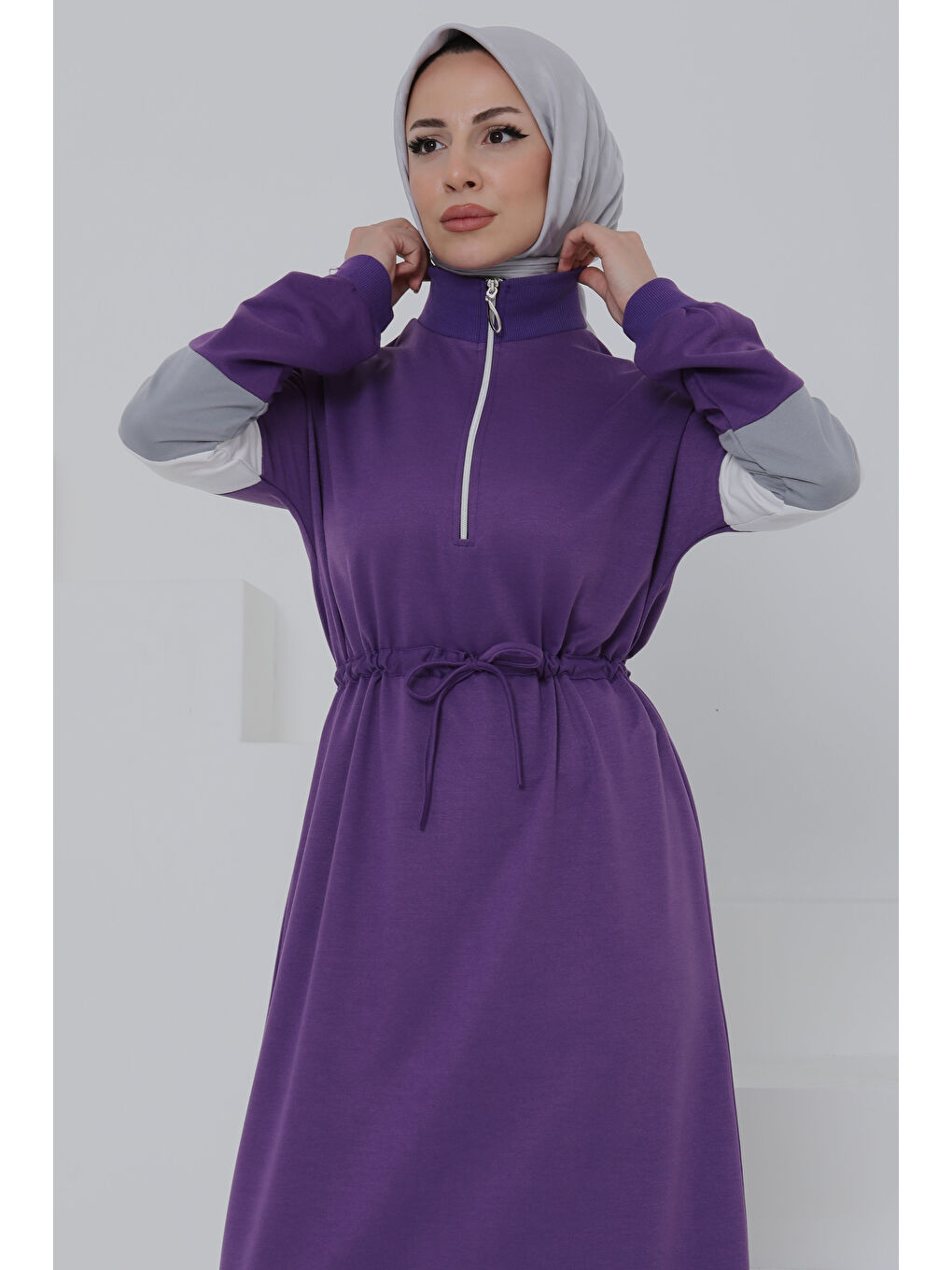 Garnili Fermuarlı Elbise Mor - 27047-4