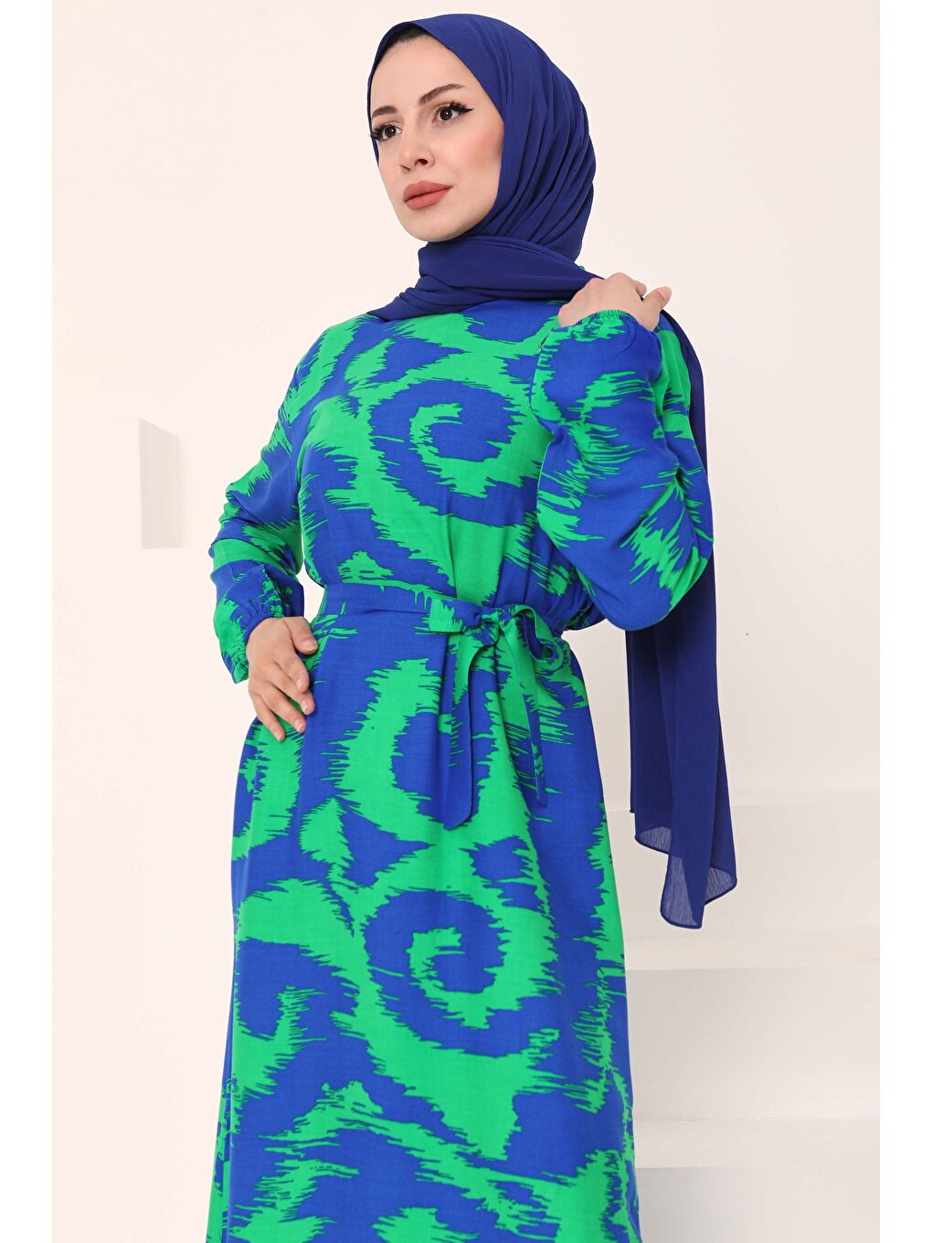 Yeşil Desenli Kuşaklı Elbise Yesil - 27039-4