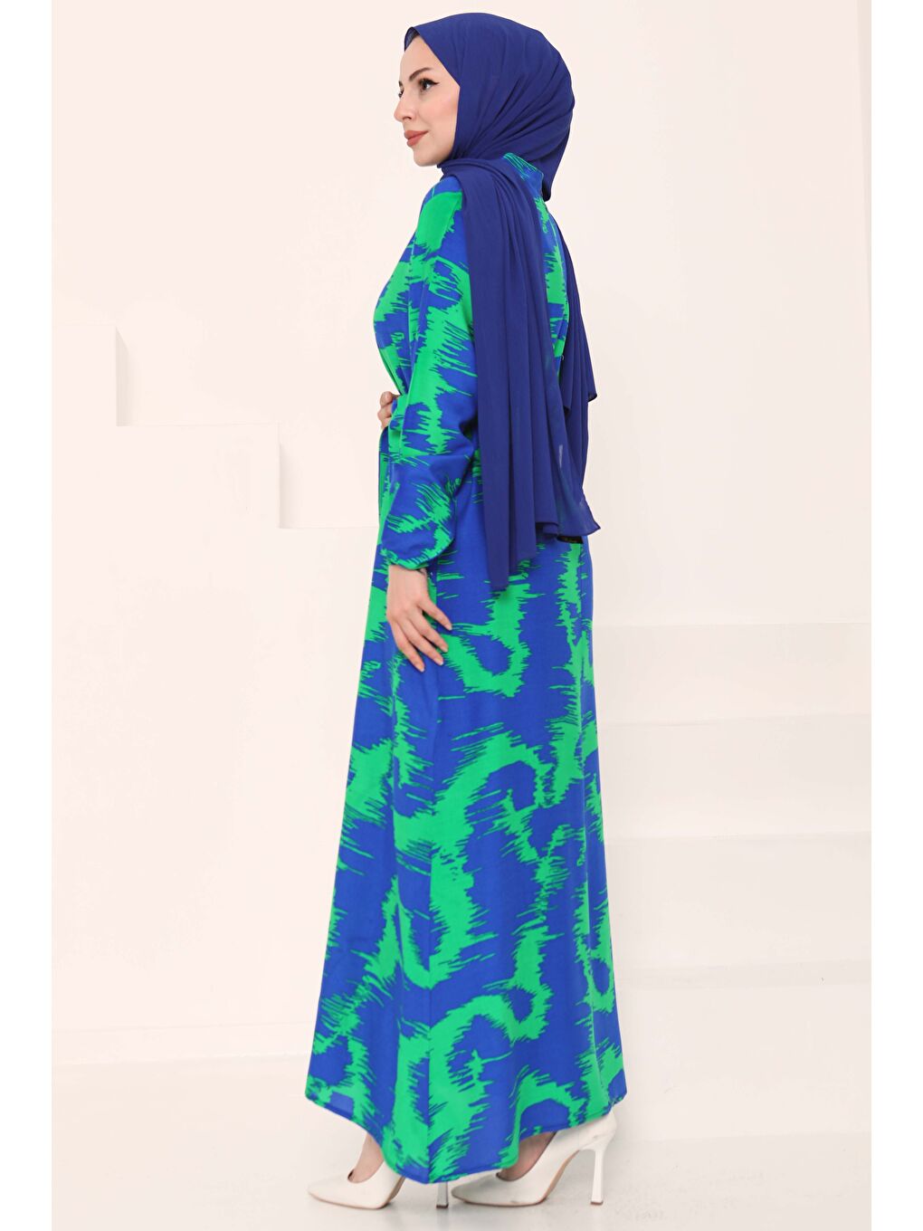 Yeşil Desenli Kuşaklı Elbise Yesil - 27039-5