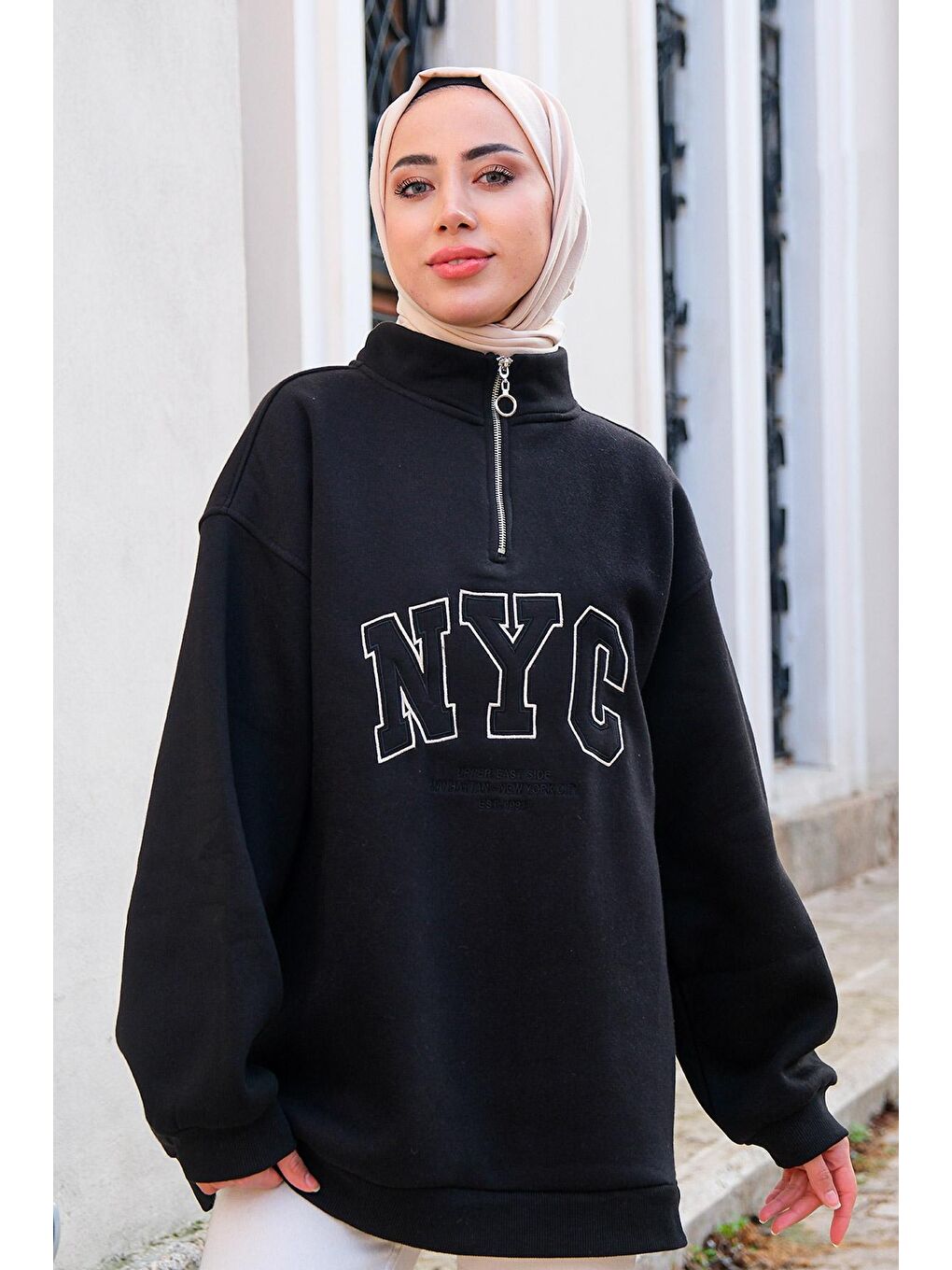 Yakası Fermuarlı NYC Baskılı Sweat  Siyah-1