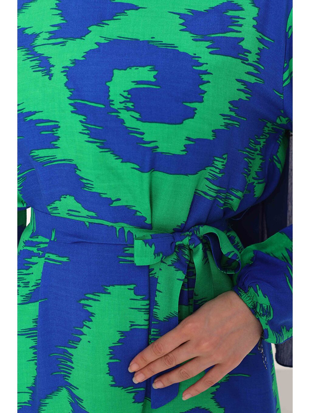 Yeşil Desenli Kuşaklı Elbise Yesil - 27039-6