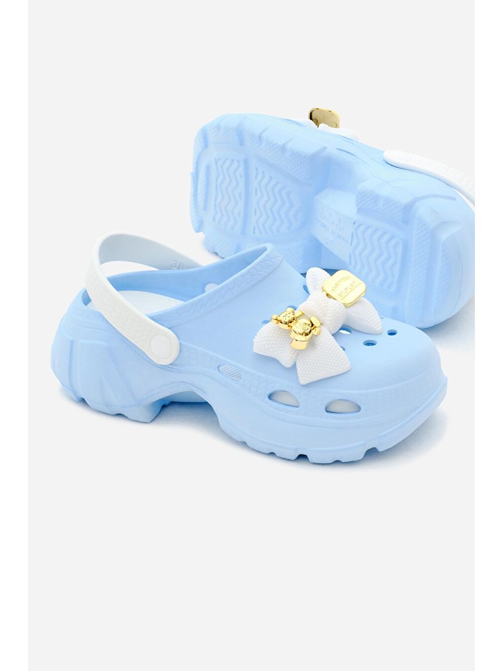 Kadın Mavi Beyaz Çıkartılabilir Taban Fiyonk Tokalı Yüksek Taban Eva Sandalet-3