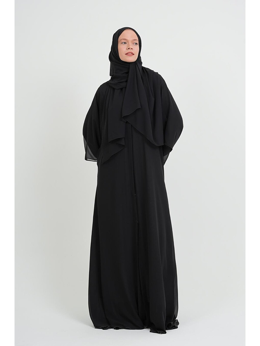 Siyah Kadın Şifon Abaya Ferace & Şal-1