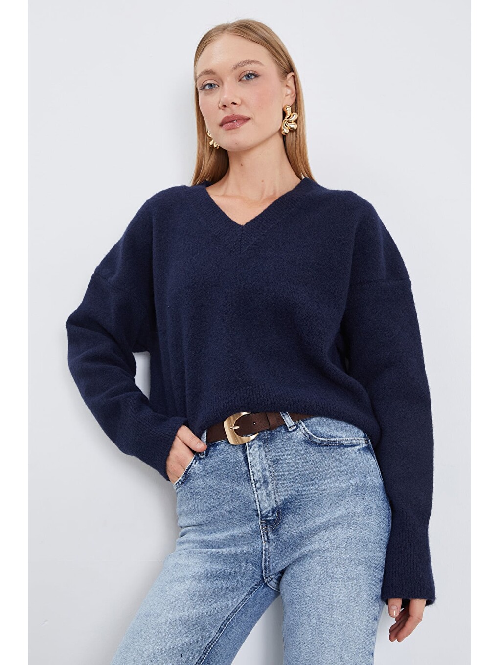 Lacivert Basic V Yaka Oversize Triko Kazak