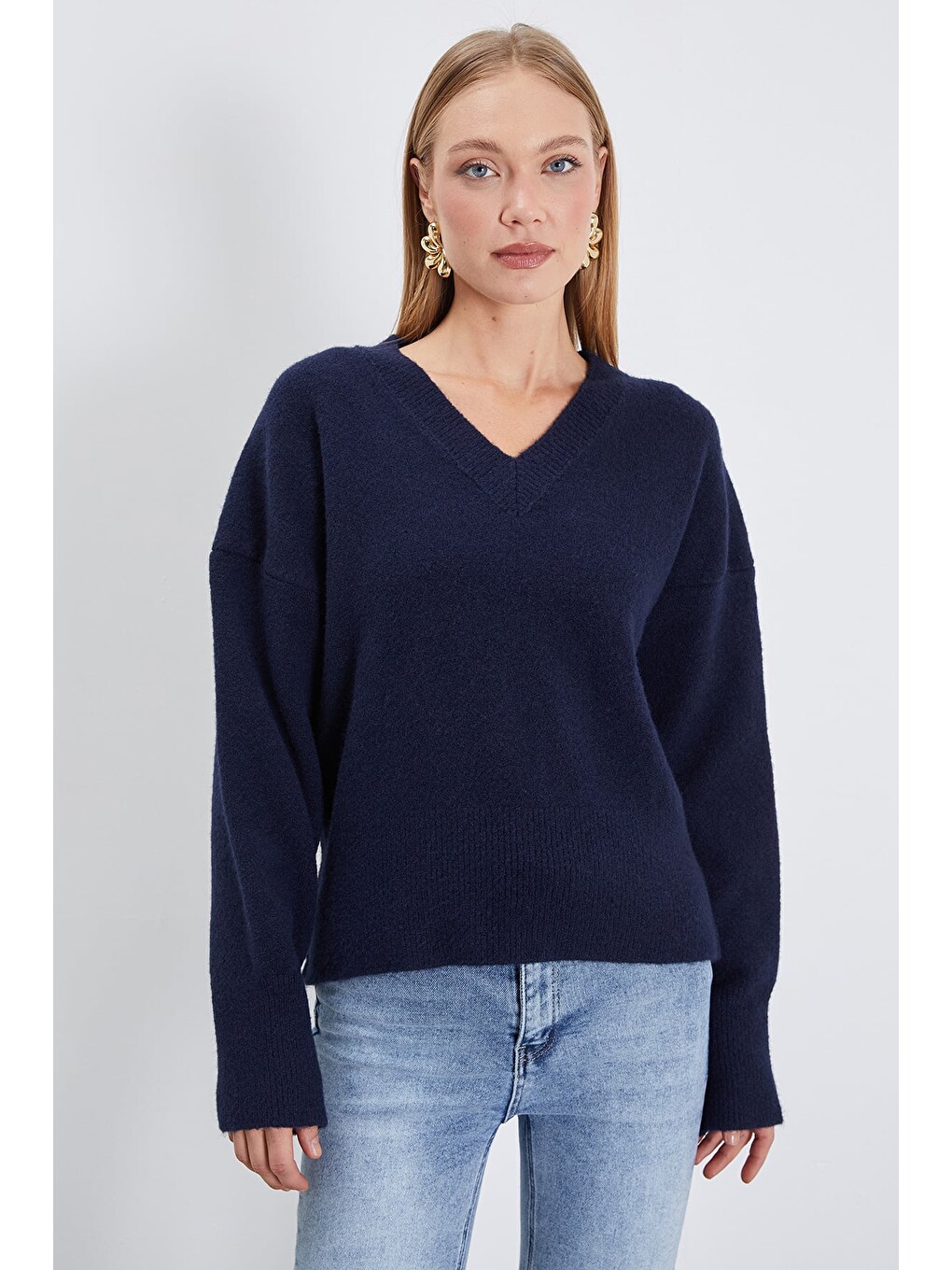 Lacivert Basic V Yaka Oversize Triko Kazak-1