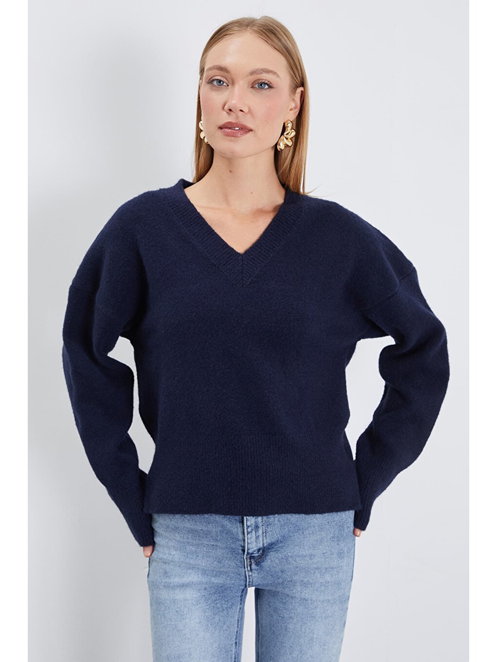 Lacivert Basic V Yaka Oversize Triko Kazak-2