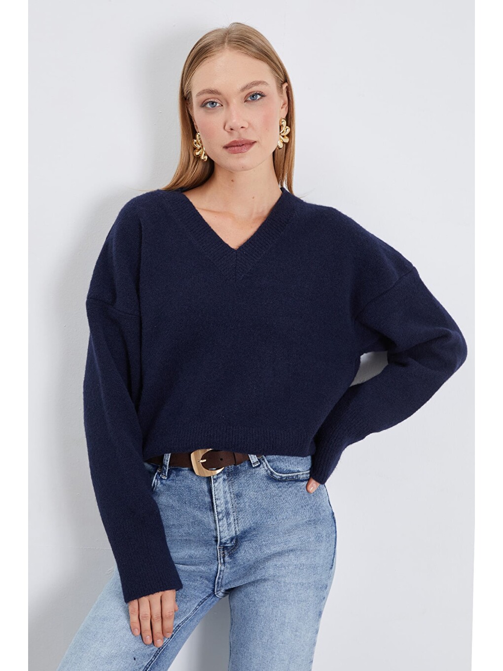 Lacivert Basic V Yaka Oversize Triko Kazak-3